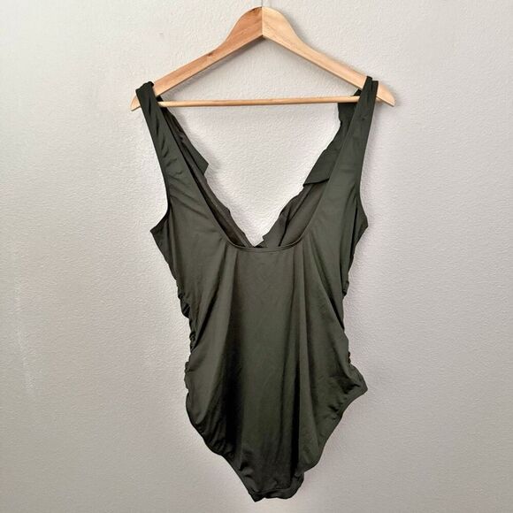 RALPH LAUREN | Olive Green One Piece Swimsuit Ruffle Surplice Ruched | Size XL - Picture 6 of 7